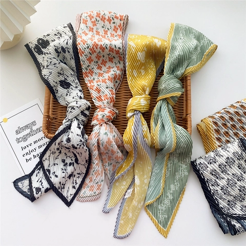 Pleated Floral Print Skinny Scarf Vintage French Neck Scarf Polyester Hair Ribbon Bag Accessory Elegant Wrap For Women