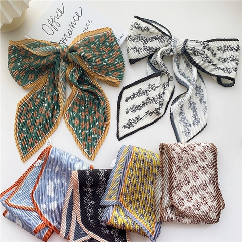 Pleated Floral Print Skinny Scarf Vintage French Neck Scarf Polyester Hair Ribbon Bag Accessory Elegant Wrap For Women