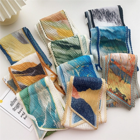 Pleated Skinny Scarf For Women Polyester Satin-Like Abstract Oil Painting Print Narrow Neck Tie Decorative Hair Band