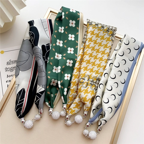Elegant Printed Faux Satin Scarf Necklace With Magnetic Rhinestone Ball Pendant Vintage Neckerchief For Women