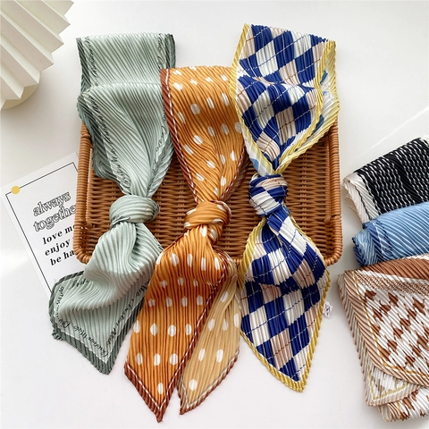Dames Geplooide Sjaal Lange Dunne Lint Haarband Polka Dot Houndstooth Letterprint Polyester Elegante Halstok Voor Tas