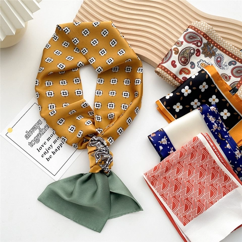 Women Narrow Long Satin Like Scarf Twilly Polyester Satin Retro Paisley Geometric Floral Print Necktie Bag Handle Ribbon Headband