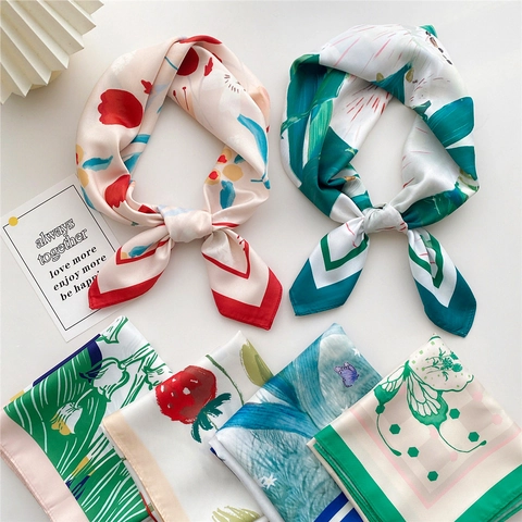 Foulard Quadrato In Raso Da Donna Poliestere Stampa Floreale Geometrica Fascia Per Capelli Elegante Moda