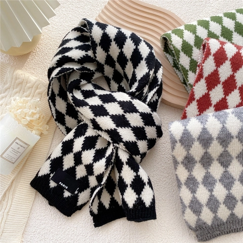 Bufanda De Invierno De Punto Argyle Para Mujer Suave Cálida Patrón De Diamante Estilo Coreano Parche París Doble Cara