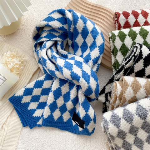 Bufanda De Invierno De Punto Argyle Para Mujer Suave Cálida Patrón De Diamante Estilo Coreano Parche París Doble Cara