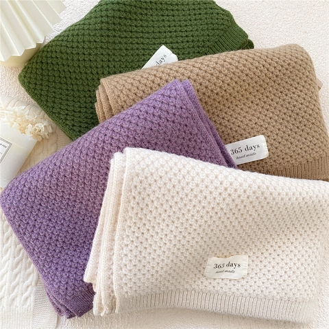 Thick Knit Scarf Waffle Weave Solid Color Warm Winter Neck Wrap Soft Handmade Style For Women Men