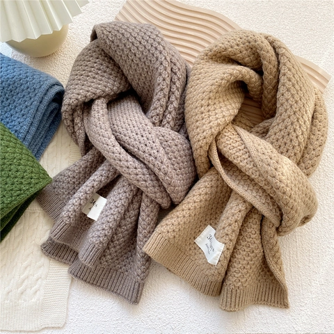 Thick Knit Scarf Waffle Weave Solid Color Warm Winter Neck Wrap Soft Handmade Style For Women Men