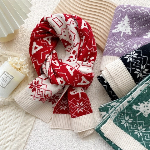 Knitted Scarf Winter Warm Soft Polyester Christmas Snowflake Tree Jacquard Thick Neck Warmer For Women Girls