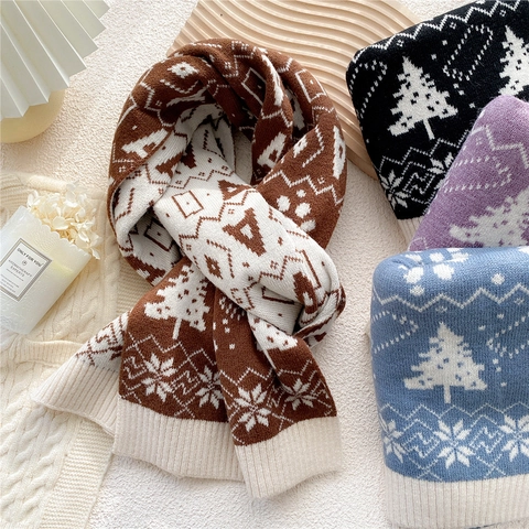 Knitted Scarf Winter Warm Soft Polyester Christmas Snowflake Tree Jacquard Thick Neck Warmer For Women Girls