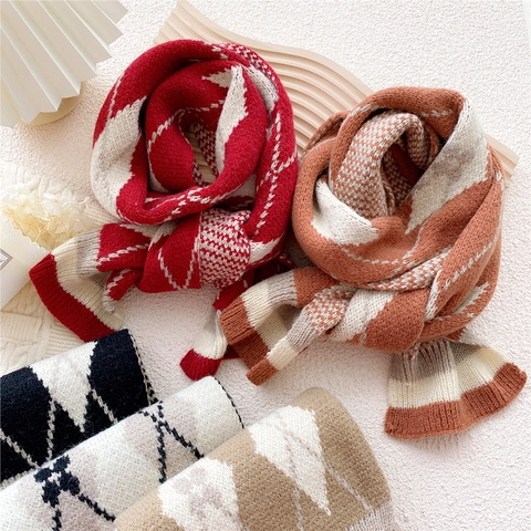 Écharpe Tricotée Motif Géométrique Argyle Chaud Doux Hiver Tour De Cou Style Preppy Pour Femmes Accessoire