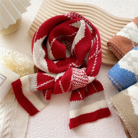 Écharpe Tricotée Motif Géométrique Argyle Chaud Doux Hiver Tour De Cou Style Preppy Pour Femmes Accessoire