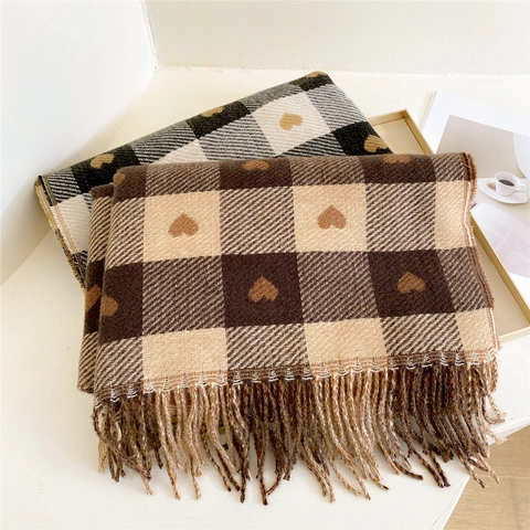 Sciarpa Invernale Calda Scialle Quadri Cuore Nappa Maglia Morbida Spessa Pashmina Avvolgere Per Donne Uomini Stile Coreano