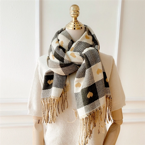 Sciarpa Invernale Calda Scialle Quadri Cuore Nappa Maglia Morbida Spessa Pashmina Avvolgere Per Donne Uomini Stile Coreano