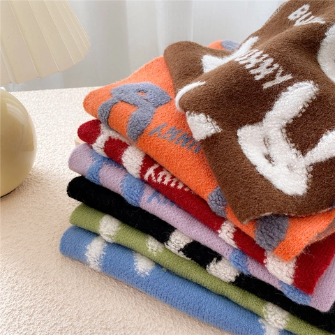 Winter Knitted Scarf Cute Cartoon Bunny Rabbit Jacquard Soft Warm Neck Wrap For Women Students Accessories