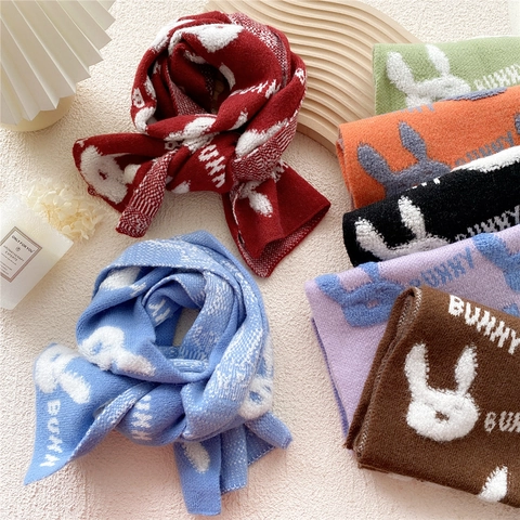 Winter Knitted Scarf Cute Cartoon Bunny Rabbit Jacquard Soft Warm Neck Wrap For Women Students Accessories