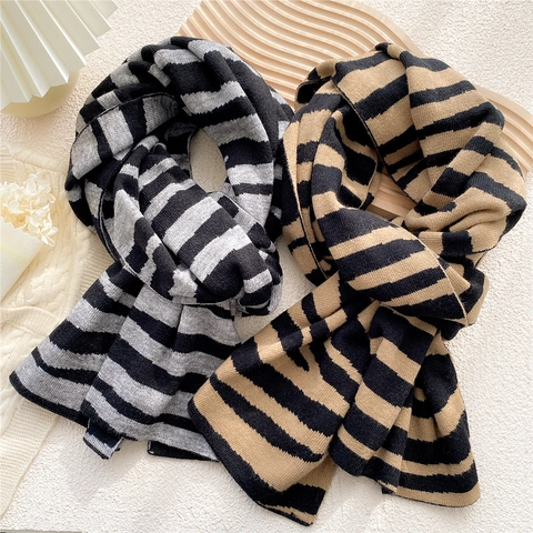 Sciarpa In Maglia Invernale Donna Spessa Calda Lunga A Righe Motivo Zebra Doppia Faccia Stile Coreano Morbido Accessorio Moda