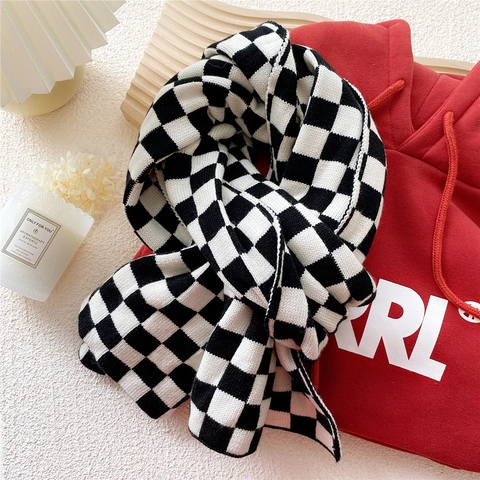 Checkerboard Knitted Scarf Black White Soft Warm Woolen Yarn Double Sided Winter Neck Warmer Korean Style Casual