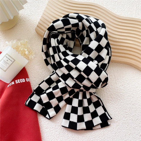 Checkerboard Knitted Scarf Black White Soft Warm Woolen Yarn Double Sided Winter Neck Warmer Korean Style Casual