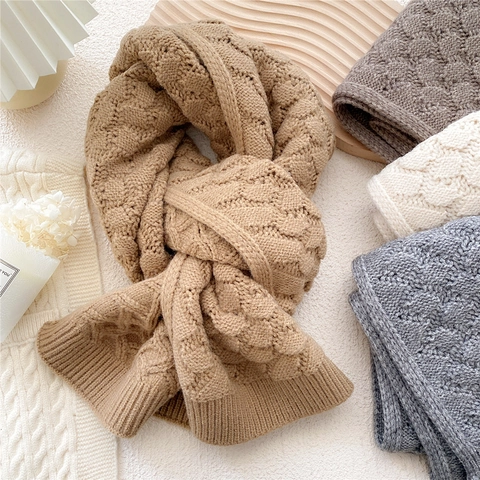 Winter Knit Scarf Thickened Warm Cable Knit Solid Color Soft Long Neck Warmer Unisex Korean Ins Style