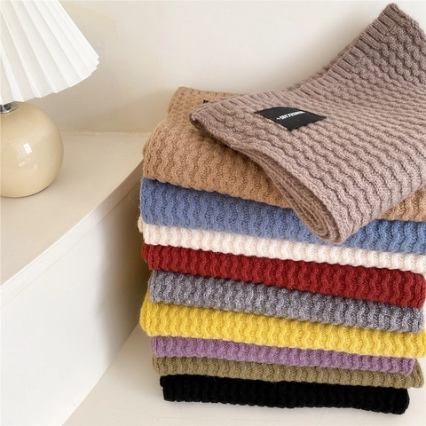 Winter Knitted Scarf Thick Warm Long Polyester Shawl Solid Color Ribbed Wavy Texture Soft For Outdoor Travel
