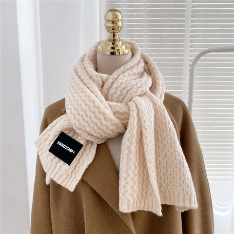 Winter Knitted Scarf Thick Warm Long Polyester Shawl Solid Color Ribbed Wavy Texture Soft For Outdoor Travel