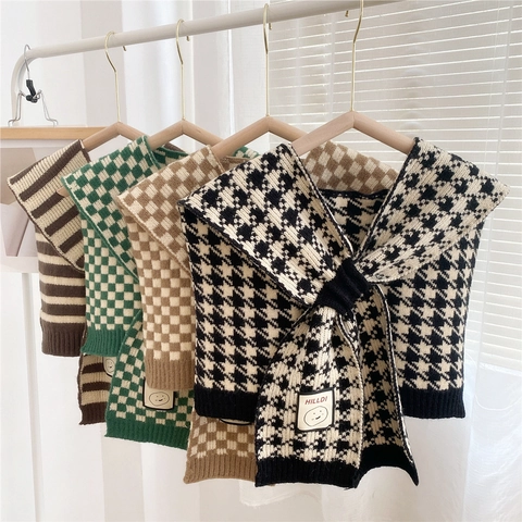 Knitted Scarf Shawl Checkerboard Houndstooth Striped Thick Warm Polyester False Collar Neck Wrap Accessories For Women