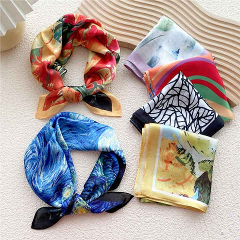Foulard Quadrato Donna Effetto Raso Poliestere Stampa Artistica Van Gogh Notte Stellata Floreale Sciarpa Fascia Elegante Accessorio