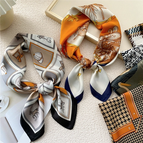 Women Elegant Square Scarf Satin Polyester Satin Like Neck Wrap Fashion Printed Equestrian Pattern Head Hair Tie Accessory