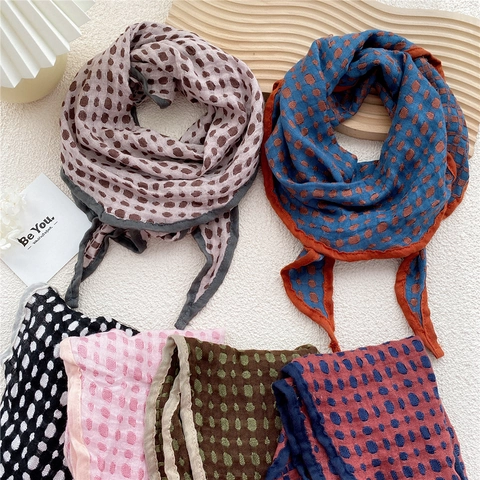 Écharpe Losange En Coton Et Lin Vintage À Pois Et Carreaux Double Face Légère Respirante Foulard Pour Femmes