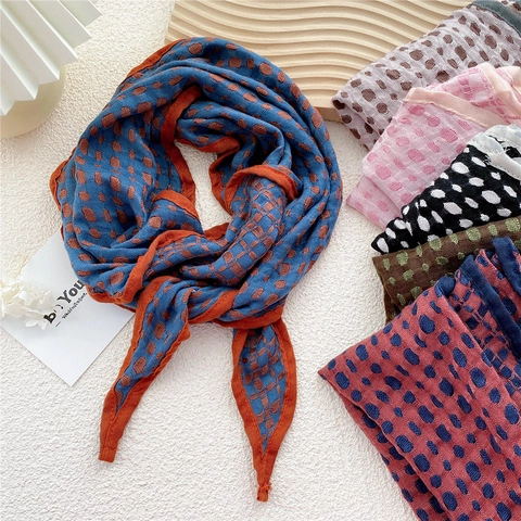 Écharpe Losange En Coton Et Lin Vintage À Pois Et Carreaux Double Face Légère Respirante Foulard Pour Femmes