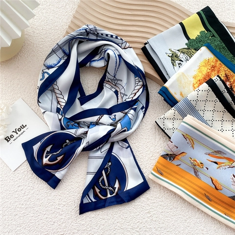Long Narrow Satin Scarf Women Polyester Chic Fashionable Printed Necktie Hairband Bag Accessory Versatile Wrap