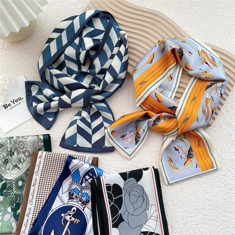 Long Narrow Satin Scarf Women Polyester Chic Fashionable Printed Necktie Hairband Bag Accessory Versatile Wrap