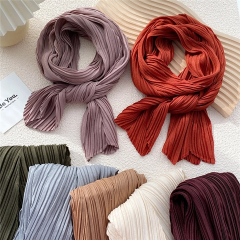Sciarpa Pieghettata Lunga Tinta Unita Misto Cotone Lino Leggera Moda Foulard Per Donna Scialle Decorativo Elegante