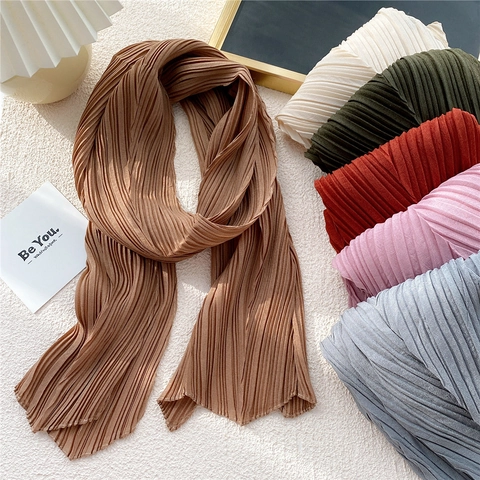 Sciarpa Pieghettata Lunga Tinta Unita Misto Cotone Lino Leggera Moda Foulard Per Donna Scialle Decorativo Elegante