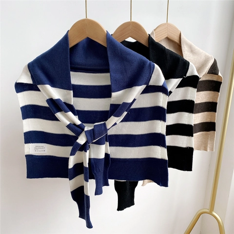 Châle Tricoté À Rayures Femmes Noeud Faux Col Écharpe Décorative Accessoire De Cou Mélange De Tricot Style Chic