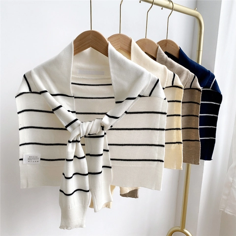 Chic Knitted Striped Shoulder Shawl Wrap Decorative Tied Knot Scarf For Women Polyester Blend Ribbed Edge