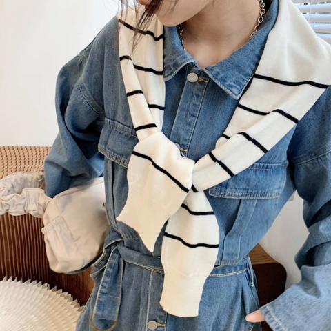 Chic Knitted Striped Shoulder Shawl Wrap Decorative Tied Knot Scarf For Women Polyester Blend Ribbed Edge