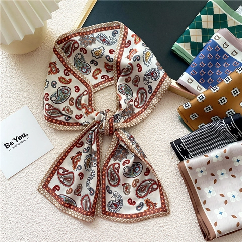 Sciarpa Sottile Elegante Da Donna Poliestere Effetto Raso Stampa Floreale Pied De Poule Paisley Cravatta Fascia Capelli Accessorio Borsa