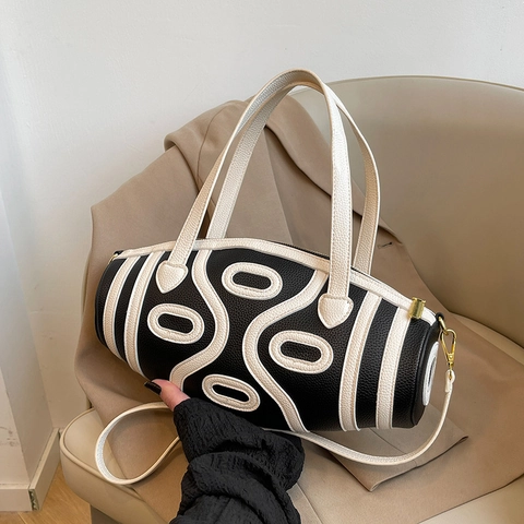 Borsa A Cilindro Moda PU Trama Lichi Nero Bianco Contrasto Geometrico Borsa A Mano Tracolla Donna