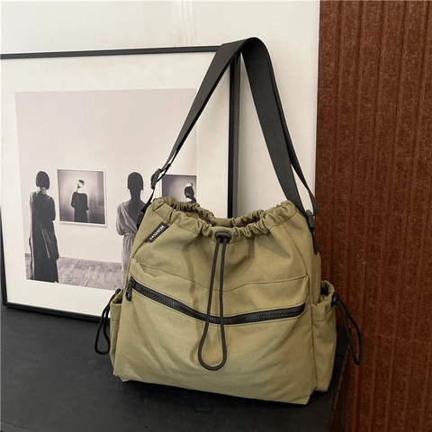 Women Nylon Crossbody Bucket Bag Drawstring Closure Multi Pocket Large Capacity Adjustable Wide Strap Commuter Casual Minimalist
