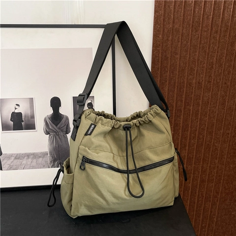 Women Nylon Crossbody Bucket Bag Drawstring Closure Multi Pocket Large Capacity Adjustable Wide Strap Commuter Casual Minimalist