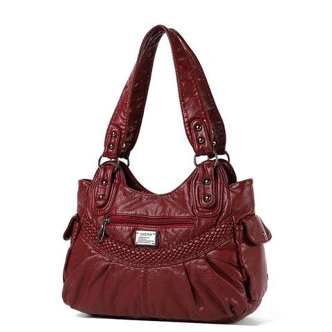 Women Shoulder Bag PU Leather Litchi Texture Braided Rivet Large Capacity Multi-Pocket Casual Tote Handbag