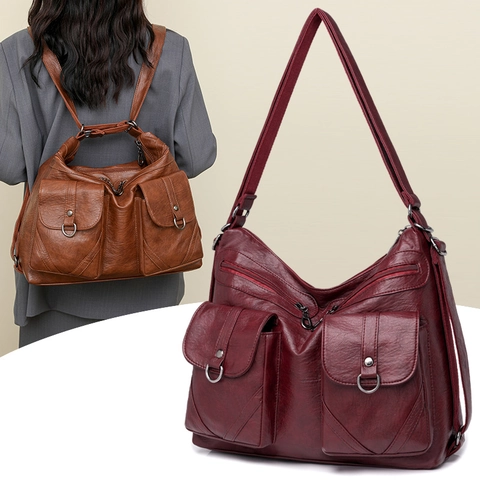 Women Vintage Soft PU Leather Shoulder Bag Large Capacity Multi Pockets Crossbody Tote Casual Retro