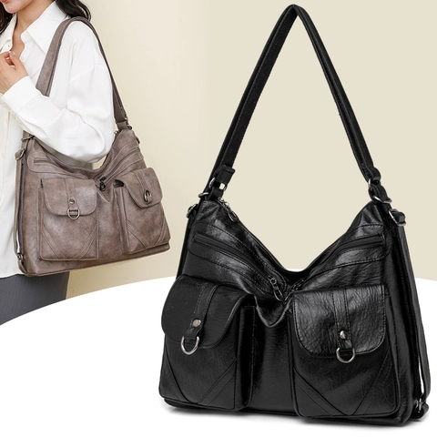 Women Vintage Soft PU Leather Shoulder Bag Large Capacity Multi Pockets Crossbody Tote Casual Retro