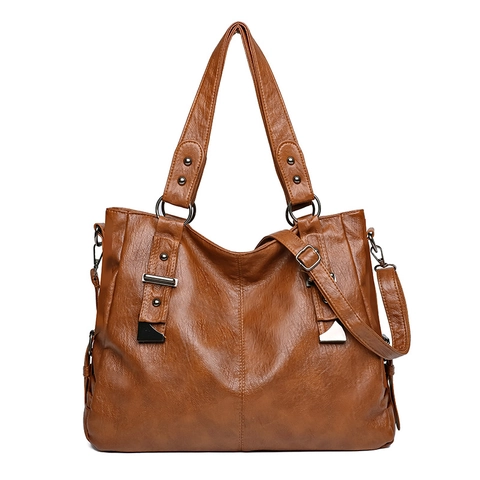 Women Large Tote Bag PU Leather Soft Retro Shoulder Handbag With Metal Rivet Adjustable Straps For Daily Commute