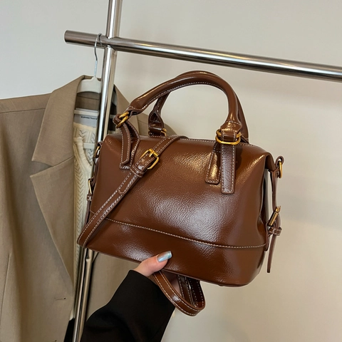 Retro Boston Bag Women Glossy PU Handbag Contrast Stitching Gold Hardware Detachable Strap Large Capacity