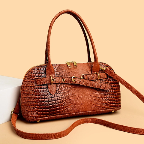 Women Crocodile Embossed Top Handle Bag PU Leather Chic Shoulder Crossbody Handbag With Gold Hardware For Commute