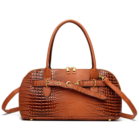 Women Crocodile Embossed Top Handle Bag PU Leather Chic Shoulder Crossbody Handbag With Gold Hardware For Commute