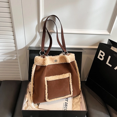 Women Large Capacity Tote Bag Faux Suede Lambswool Fleece Patchwork Retro Autumn Winter Shoulder Handbag