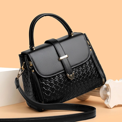 Borsa Da Donna In Pelle PU Splicing Motivo Intrecciato Tracolla Retro Elegante Manico Hardware Dorato Pendolare Quotidiano